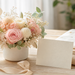 出産祝いに添えるメッセージカードと花ギフトの生成イメージ