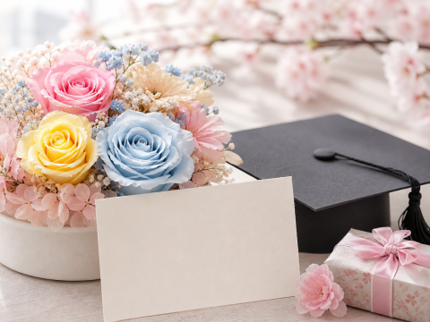 卒業祝いと入学祝いに添えるメッセージカードと花ギフトの生成イメージ