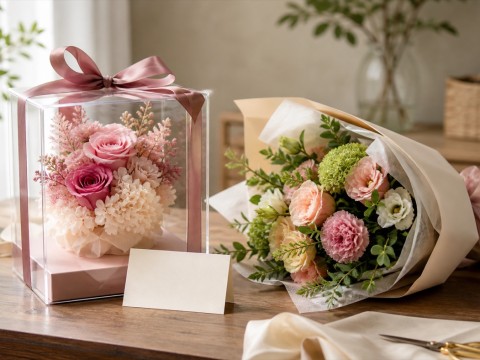 プリザーブドフラワーと生花のプレゼントを並べたギフト