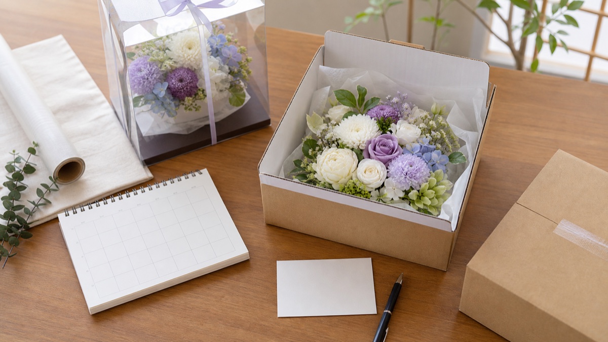 お盆のお供え花を配送する前に日付とメッセージを確認するイメージ
