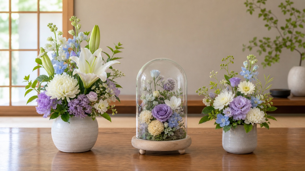 生花とプリザーブドフラワーと造花のお供え花を比べるイメージ