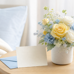 お見舞いメッセージカードとやさしい色合いの花ギフトの生成イメージ