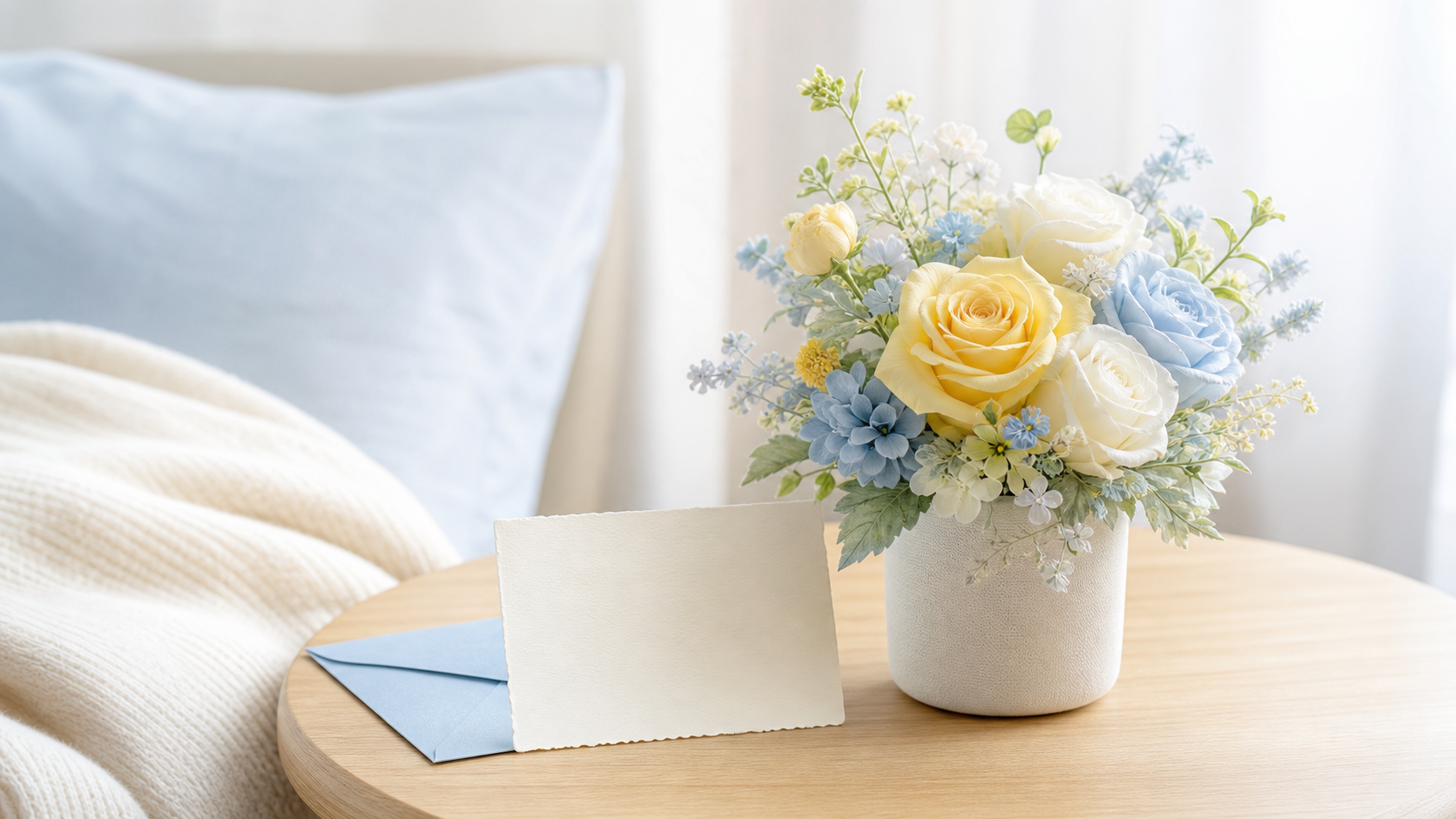 お見舞いメッセージカードとやさしい色合いの花ギフトの生成イメージ