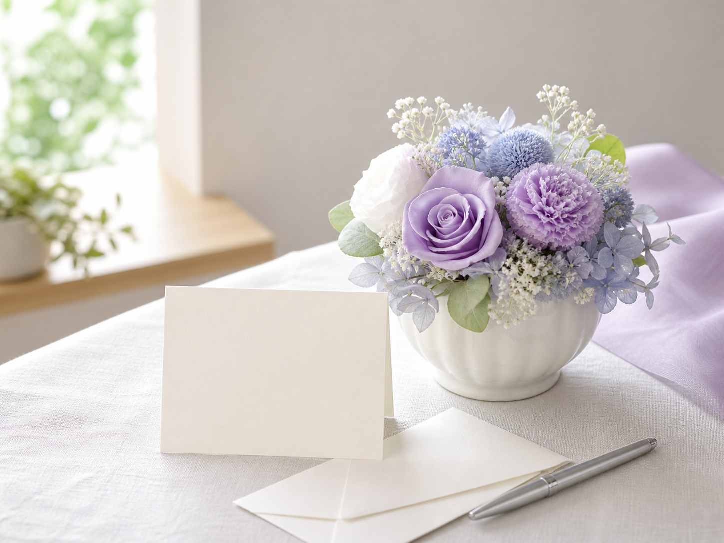 お供え花に添えるメッセージカードと花の生成イメージ