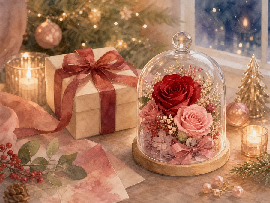 彼女へのクリスマスプレゼントにプリザーブドフラワーを添えるイメージイラスト