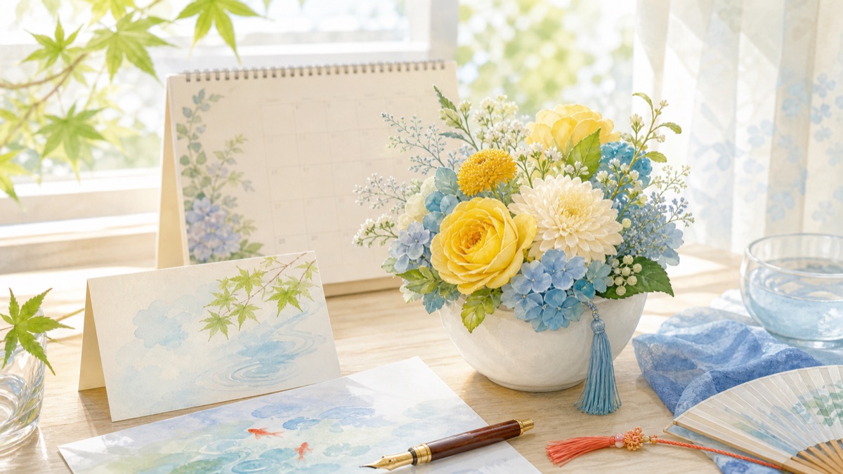 夏の窓辺に飾った黄色と水色の花ギフトと暑中見舞いカードのイメージ