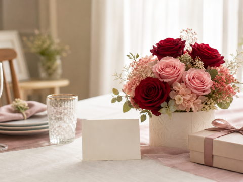 結婚記念日に添えるメッセージカードと花ギフトの生成イメージ
