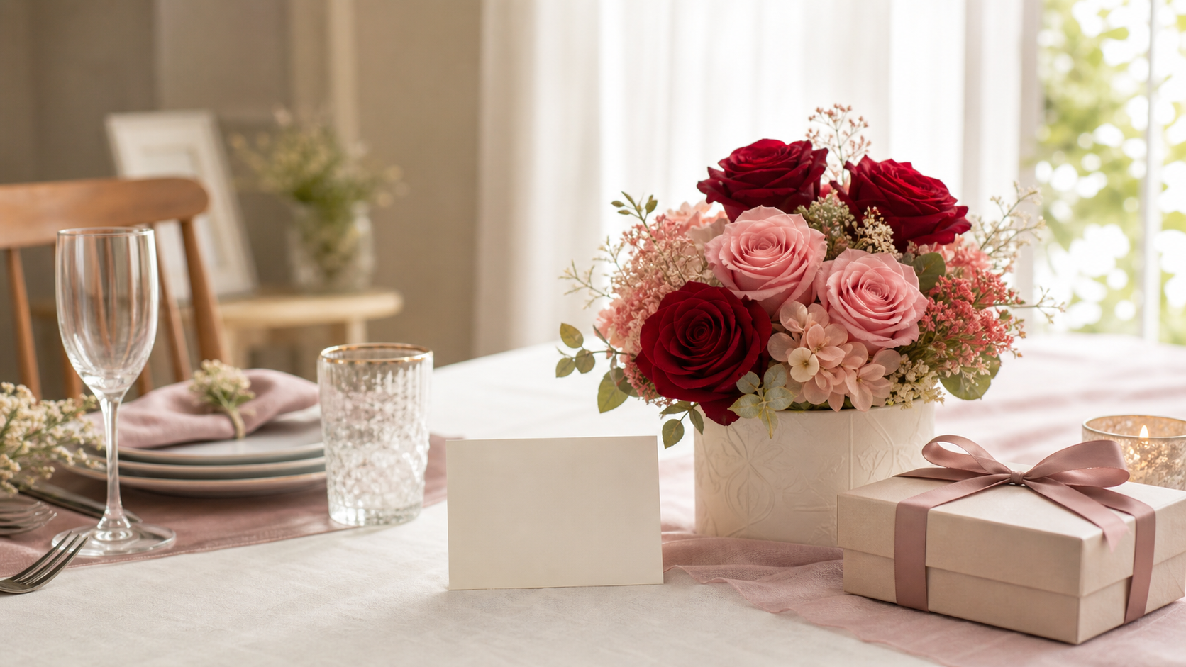 結婚記念日に添えるメッセージカードと花ギフトの生成イメージ