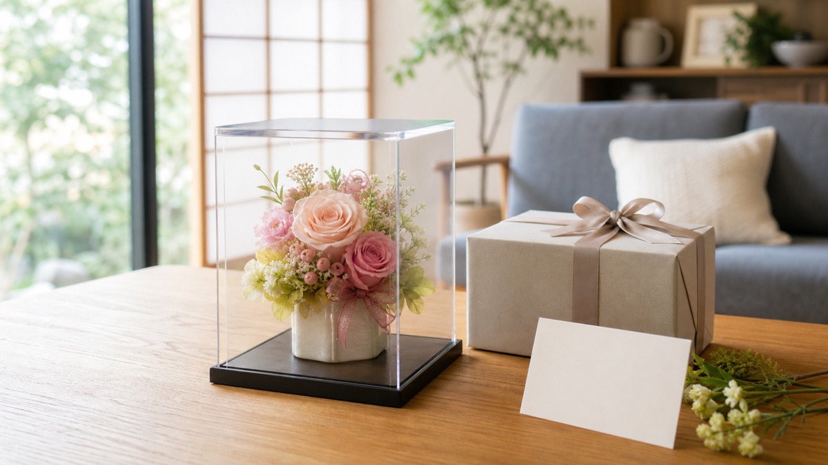 誕生日プレゼントとして飾られたプリザーブドフラワーギフト