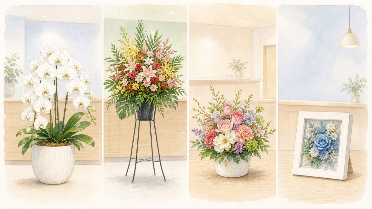 胡蝶蘭とスタンド花と生花アレンジと小型フレーム花を並べた比較イメージ