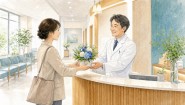 新しいクリニックの受付で開院祝いの小型花を手渡すイメージ