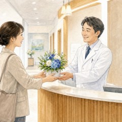 新しいクリニックの受付で開院祝いの小型花を手渡すイメージ