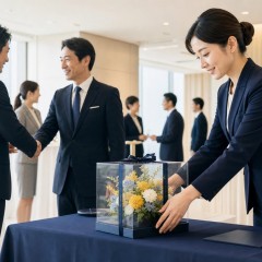 会社の周年祝いを式典に合わせて準備するイメージ