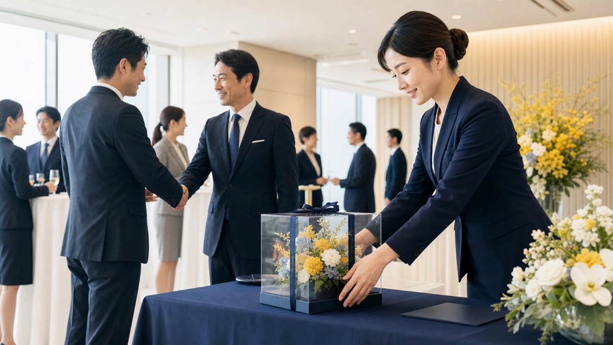 会社の周年祝いを式典に合わせて準備するイメージ