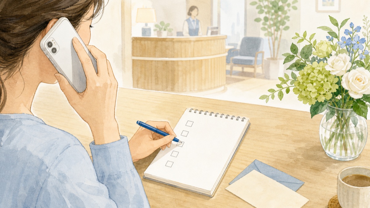 家族が介護施設へ電話し、メモ帳のチェック項目を確認しているイメージ
