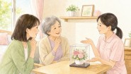 老人ホームの居室で家族と入居者、施設スタッフが小さな花の置き場所を相談するイメージ