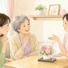 老人ホームの居室で家族と入居者、施設スタッフが小さな花の置き場所を相談するイメージ