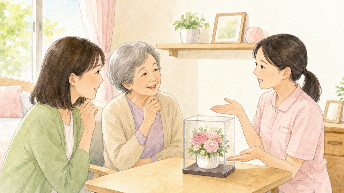老人ホームの居室で家族と入居者、施設スタッフが小さな花の置き場所を相談するイメージ