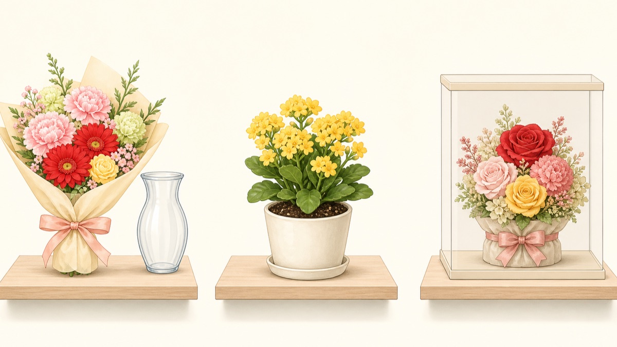 生花の花束、鉢植え、ケース入りの加工花を並べて比較するイメージ