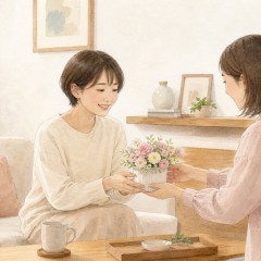 相手の暮らしに合う小さな花ギフトを手渡すイメージ