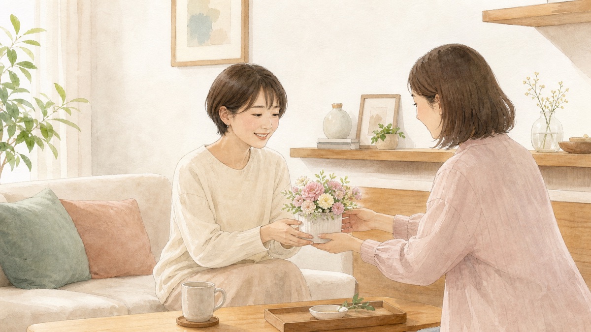 相手の暮らしに合う小さな花ギフトを手渡すイメージ