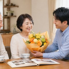 両親の金婚式に子どもたちから黄色とオレンジの花束を贈る家族のイメージ