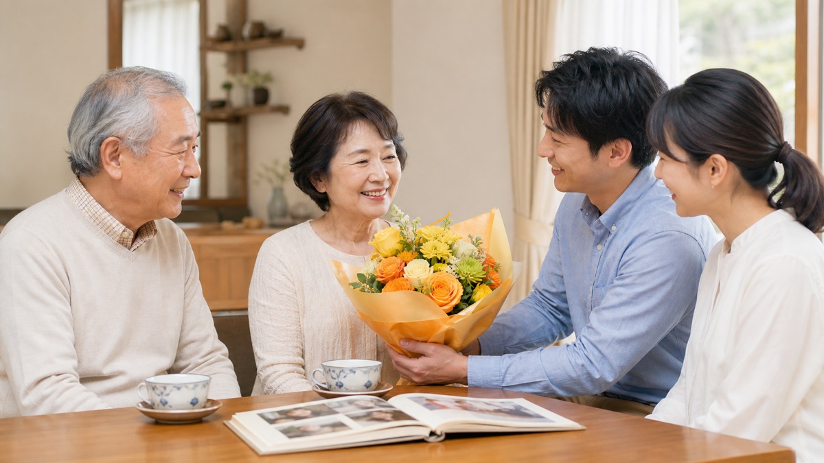 両親の金婚式に子どもたちから黄色とオレンジの花束を贈る家族のイメージ