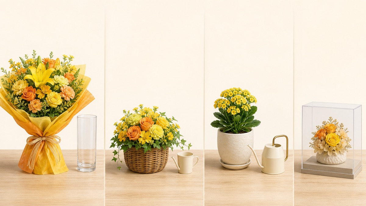 生花の花束・生花アレンジ・鉢花・ケース入りフラワーギフトを比べるイメージ
