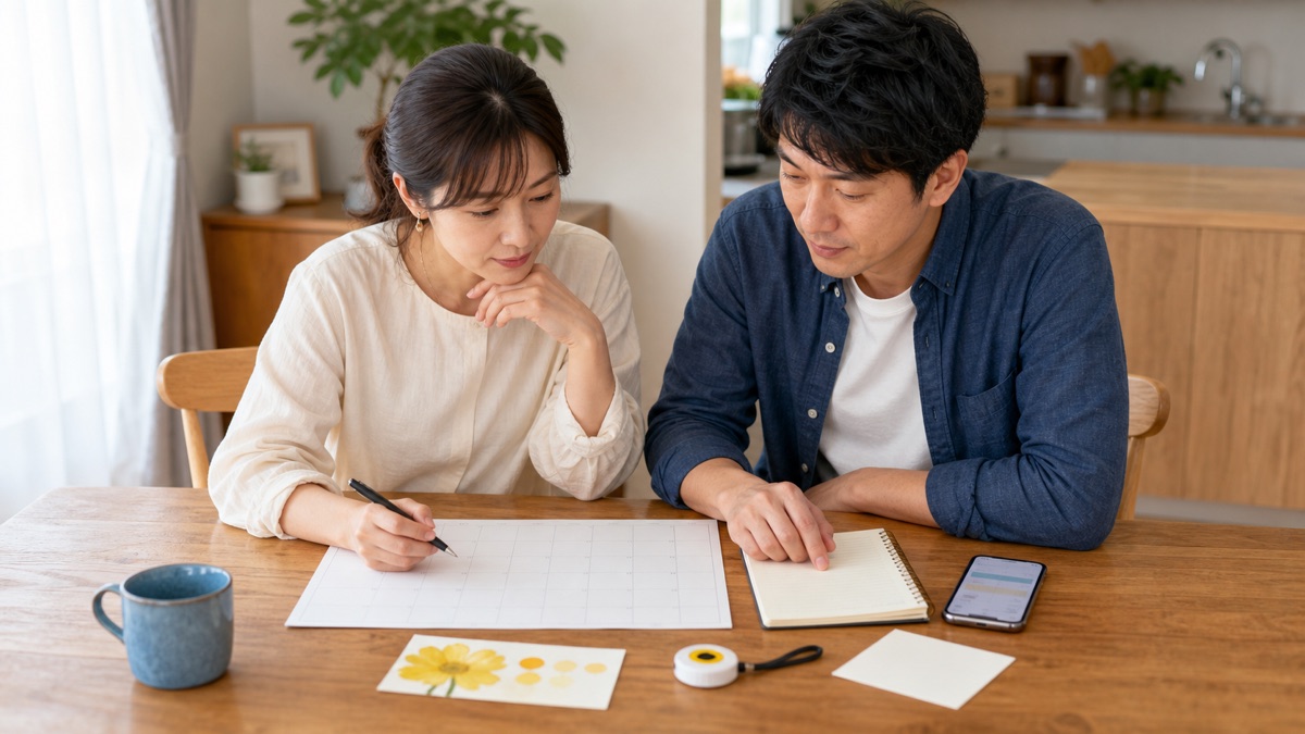 兄弟姉妹で金婚式の予算・日程・配送先を相談するイメージ