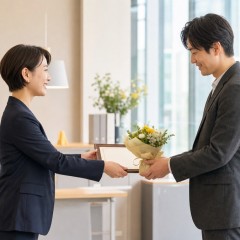 社内表彰式で賞状と花を受け取る社員のイメージ