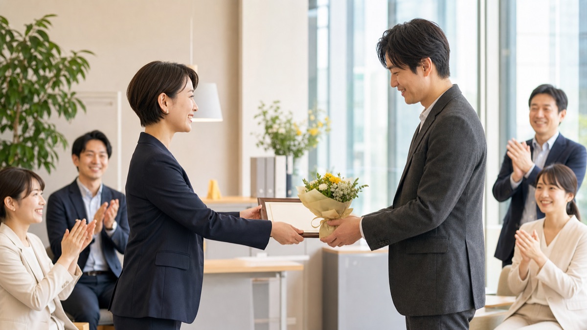 社内表彰式で賞状と花を受け取る社員のイメージ