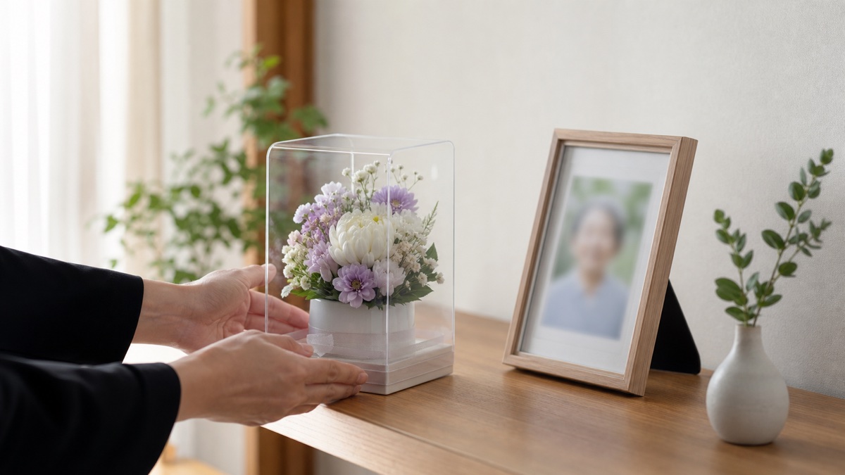 静かな自宅で小さなお供え花を思い出の写真のそばに置くイメージ