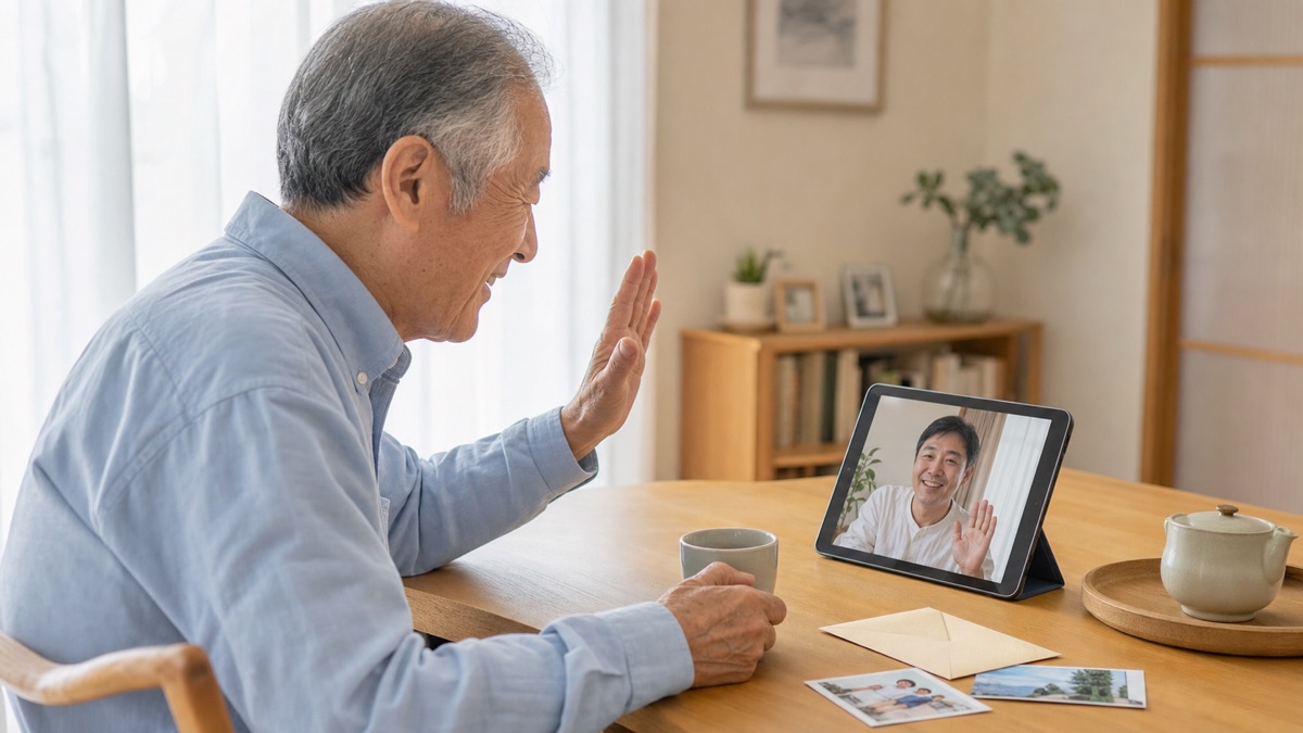 敬老の日に親子がビデオ通話で感謝を伝えるイメージ