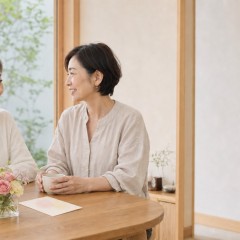 敬老の日に母娘が小さな花とカードを囲んで話すイメージ