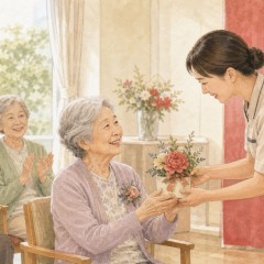 介護施設の敬老会で長寿表彰者へ花の記念品を手渡す様子のイメージ