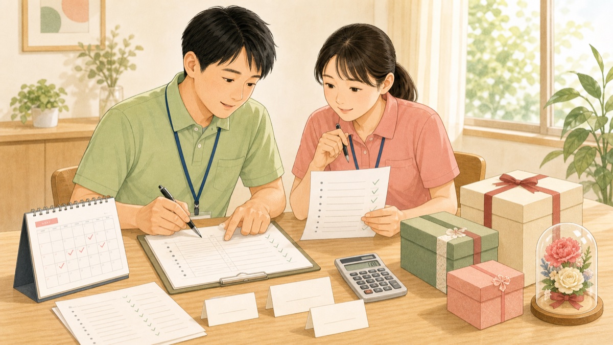 敬老会記念品の名簿と納期をスタッフが確認するイメージ