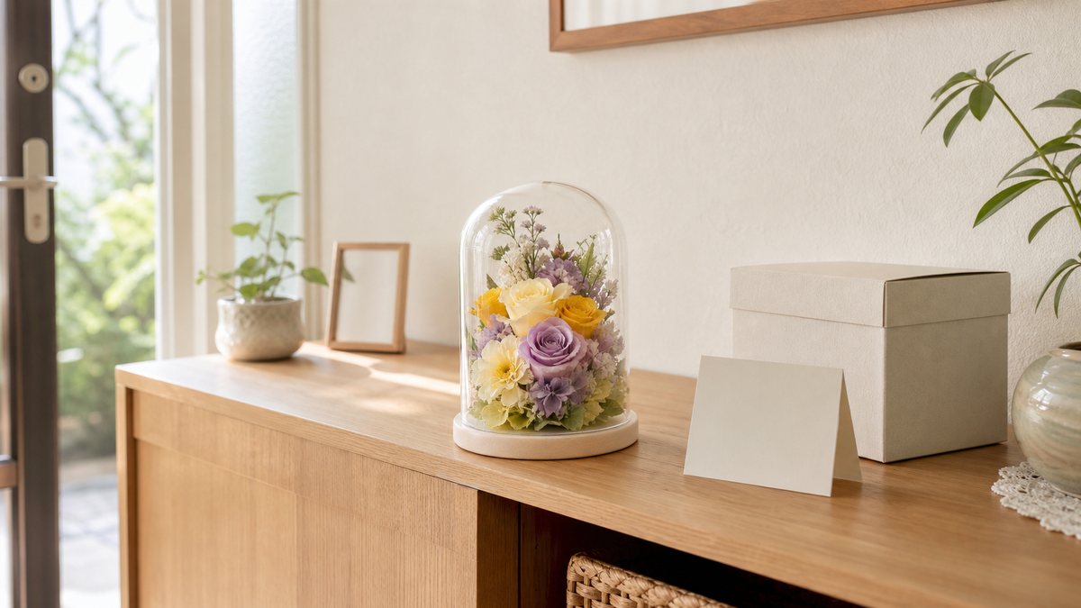 長寿祝いの花ギフトを玄関に飾るイメージ