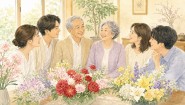 家族で長寿祝いの花を囲む明るいリビングのイメージ