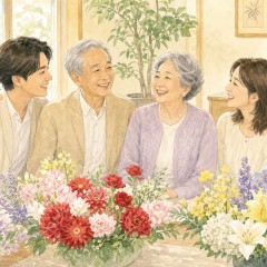 家族で長寿祝いの花を囲む明るいリビングのイメージ