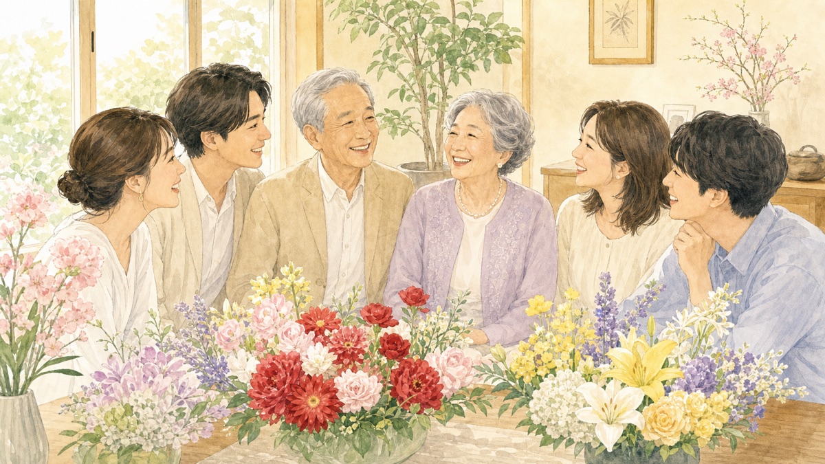 家族で長寿祝いの花を囲む明るいリビングのイメージ