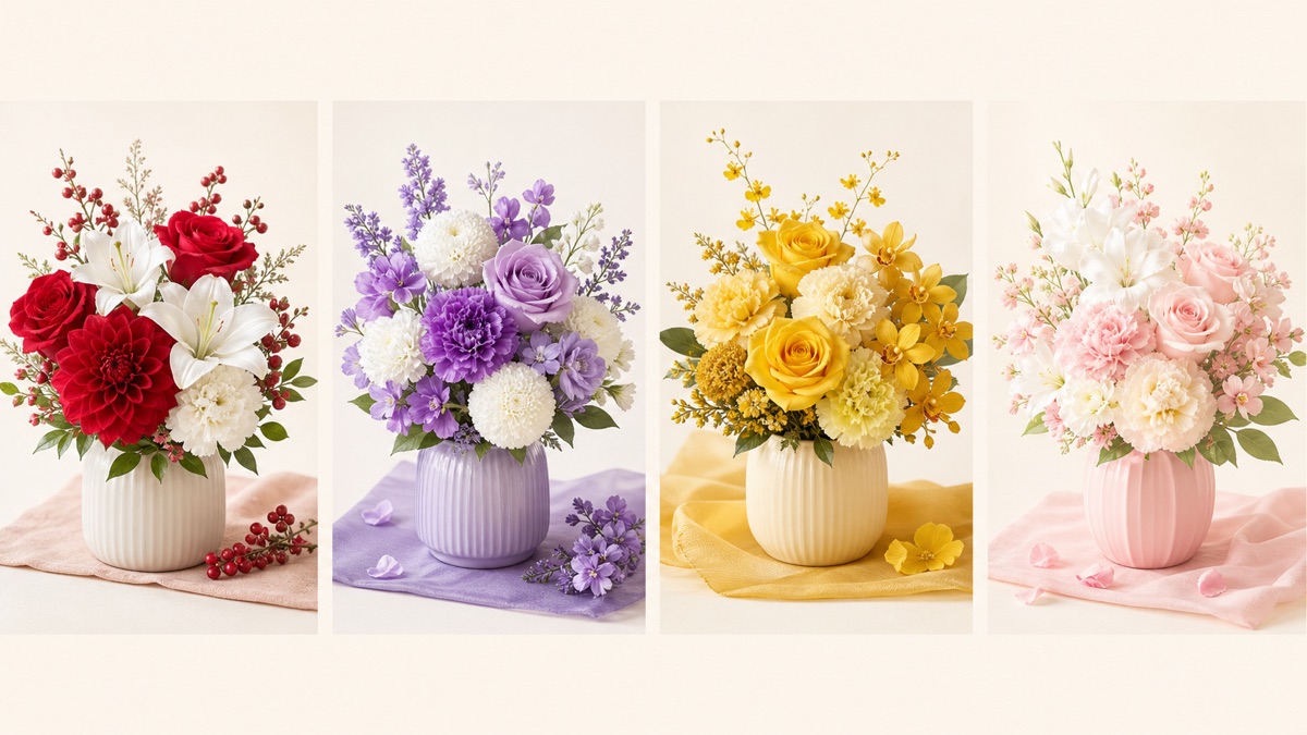 赤と白、紫と白、黄色とアイボリー、白と淡いピンクの花色を比べるイメージ