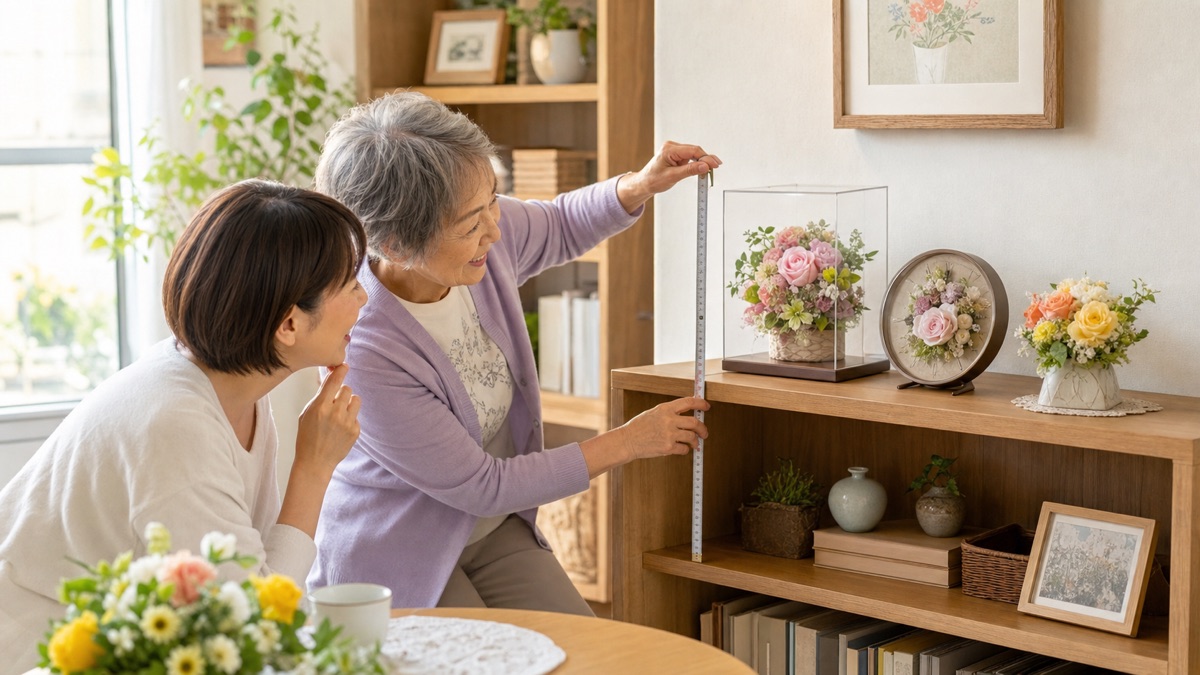 家族が棚の幅を測り長寿祝いの花を置く場所を確認するイメージ