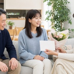 内定を承諾した若者へ家族が小さな花ギフトとカードを渡すイメージ