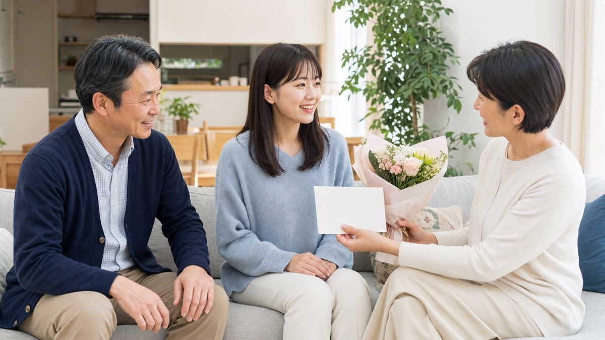 内定を承諾した若者へ家族が小さな花ギフトとカードを渡すイメージ