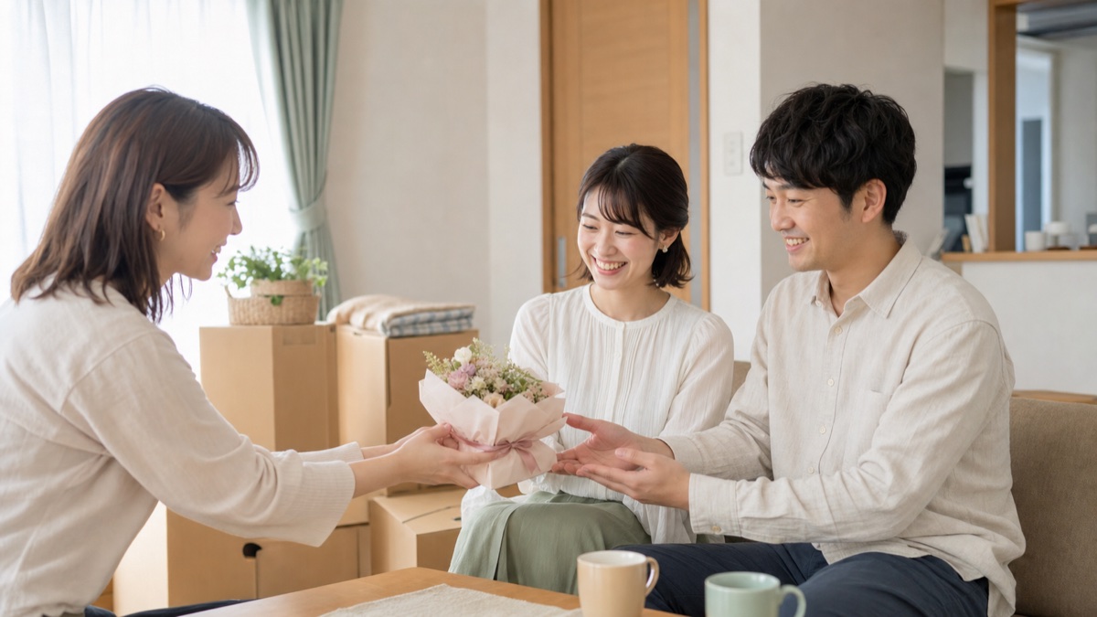 友人が新居で新婚のふたりへ小さな入籍祝いの花を手渡すイメージ