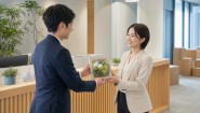新しいオフィスの受付で移転祝いの花を受け取るイメージ