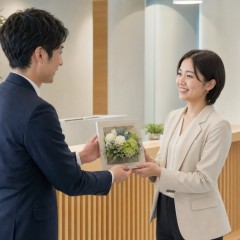 新しいオフィスの受付で移転祝いの花を受け取るイメージ