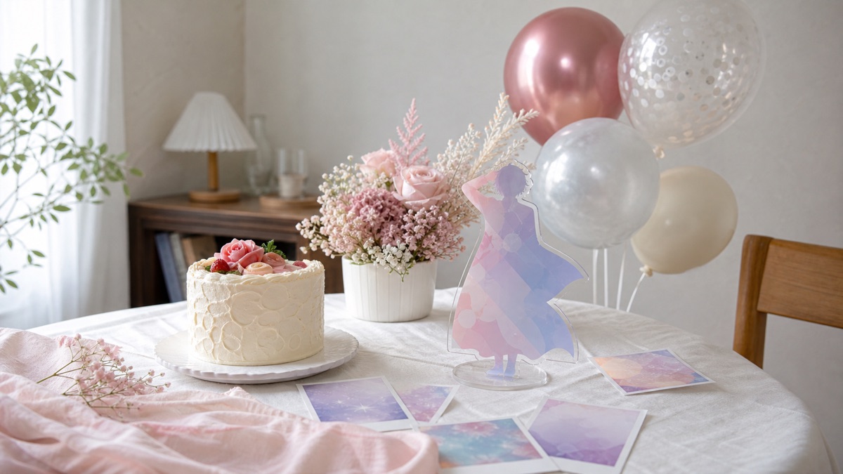 自宅のテーブルにケーキ、アクリルスタンド、ピンクの花を飾った本人不在の誕生日会のイメージ