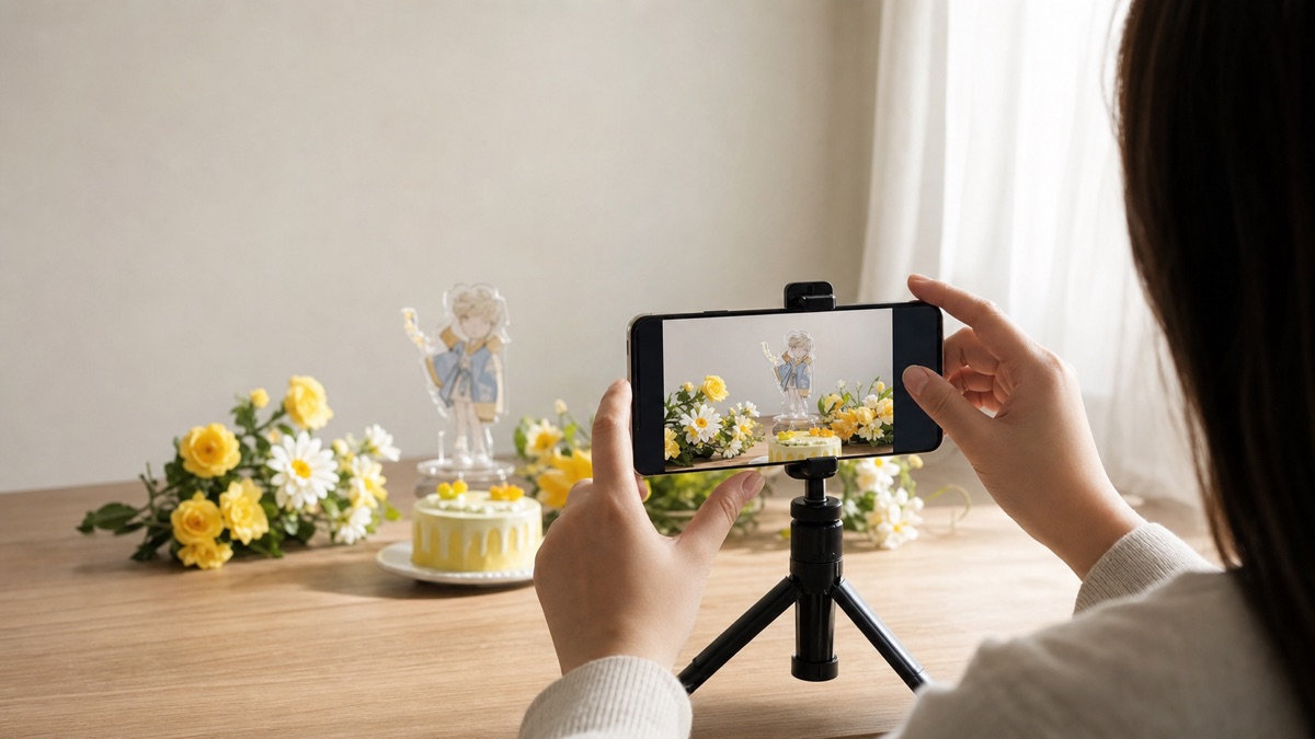 スマートフォンでアクリルスタンド、ケーキ、黄色と白の花の配置を撮影するイメージ