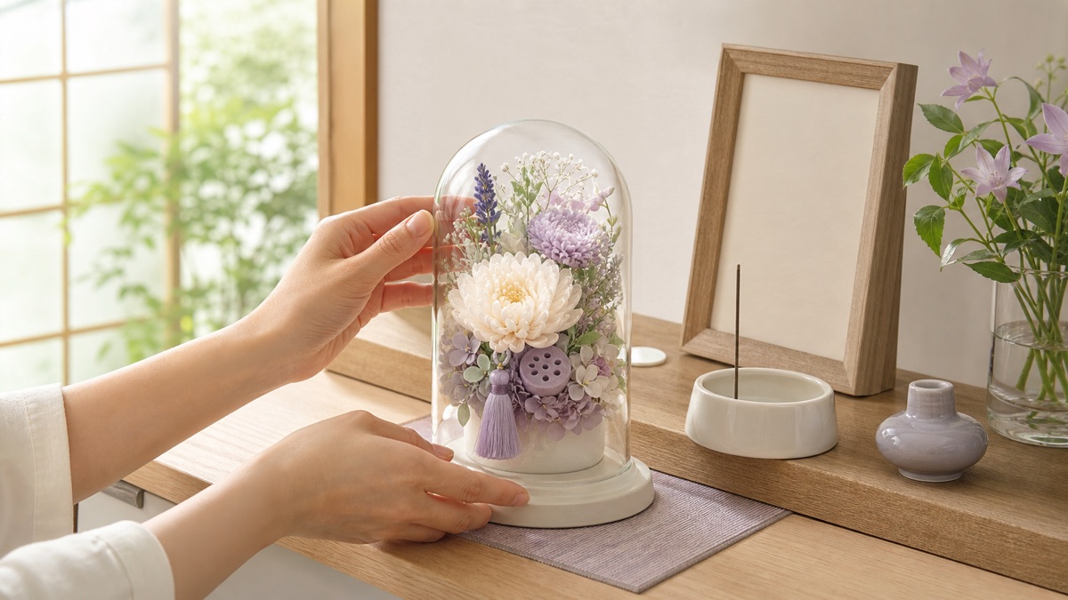 お盆後にドーム入りのプリザーブドフラワー仏花の状態を確認するイメージ